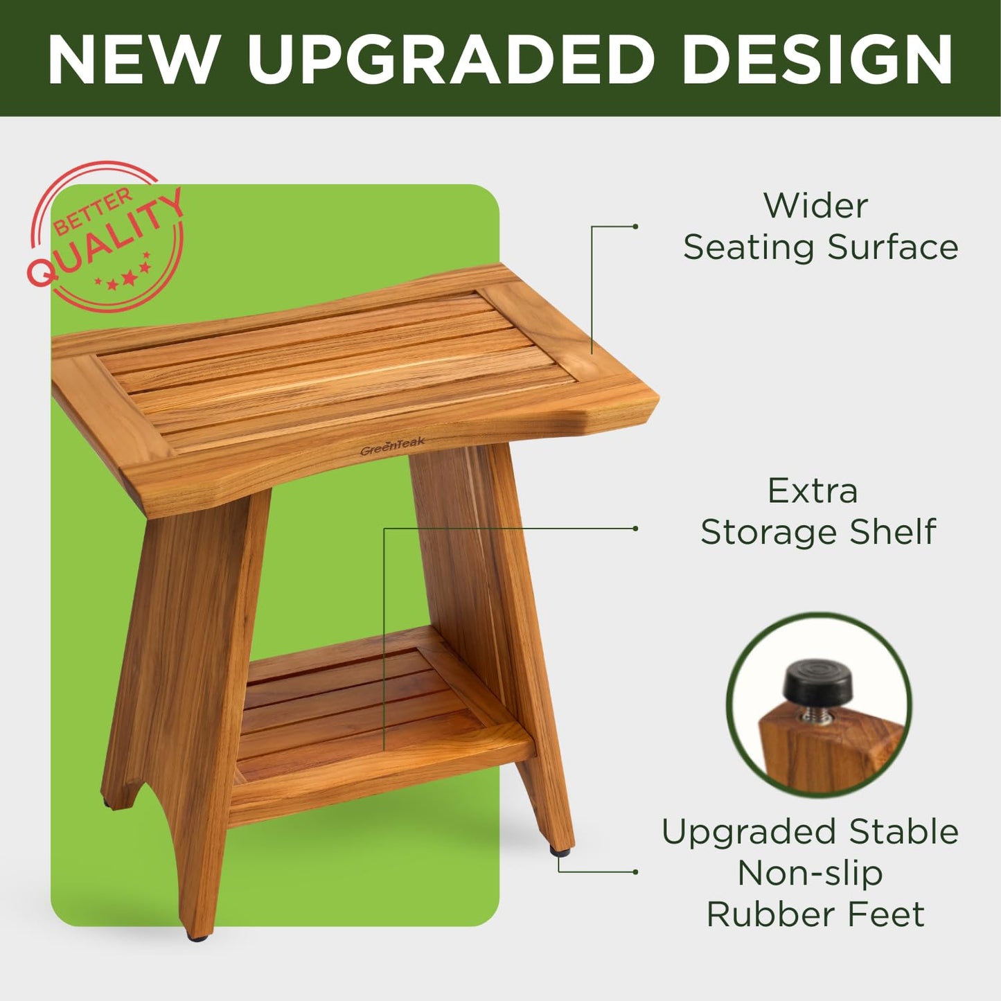 GREENTEAK Premium 18" Teak Wood Shower Bench, Waterproof Teak Shower Stool, Non-Slip Feet for Enhanced Safety, Spa Bath Seat for Bathroom, Indoor & Outdoor Use, 300 lb (Upgrade 18" 2-Tier, Straight)