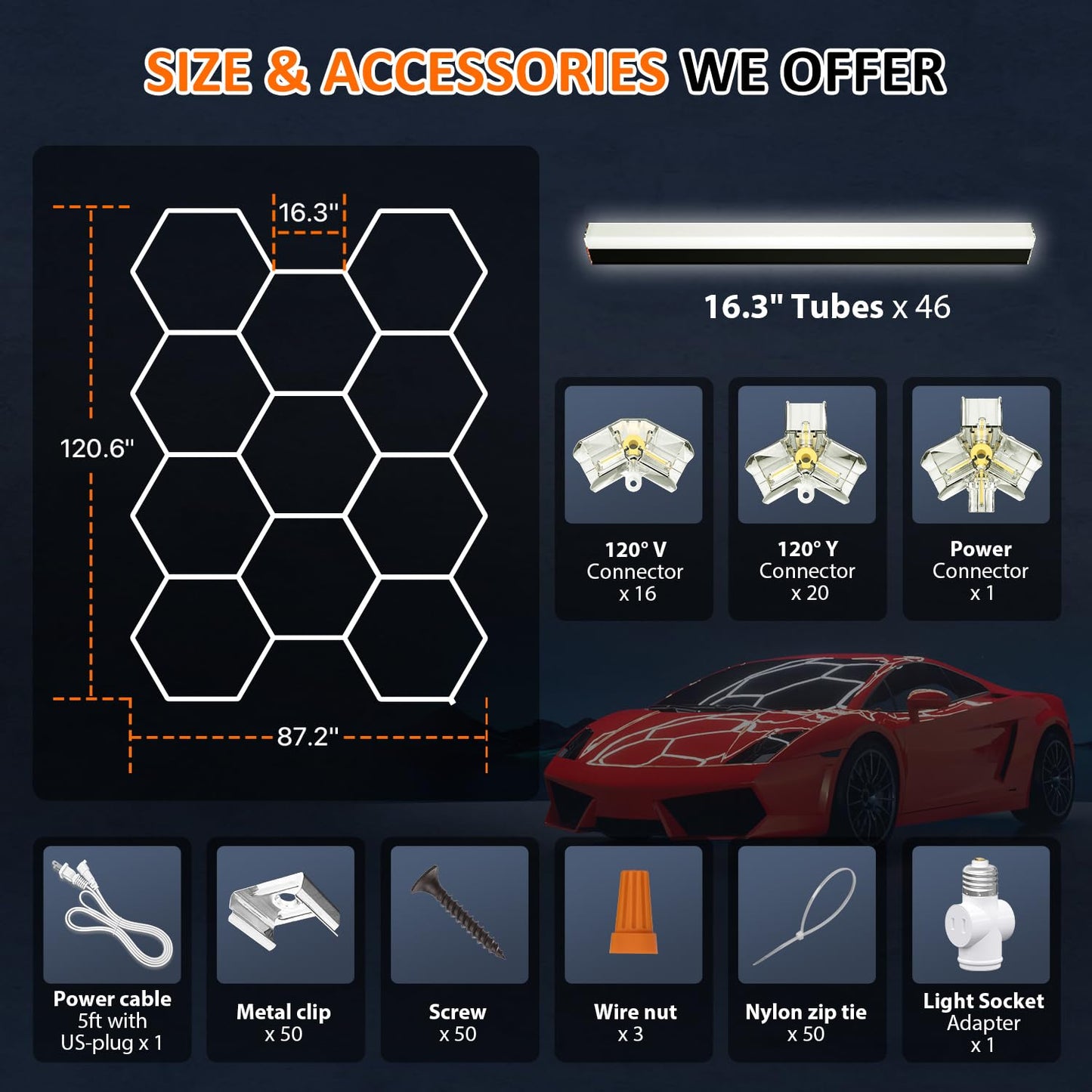 Litezone Hexagon Garage Lights 11 Hex with Black Edge, Honeycomb Led Hexagon Lights, Led Lights for Garage Basement Gym Shop Barber Exhibition