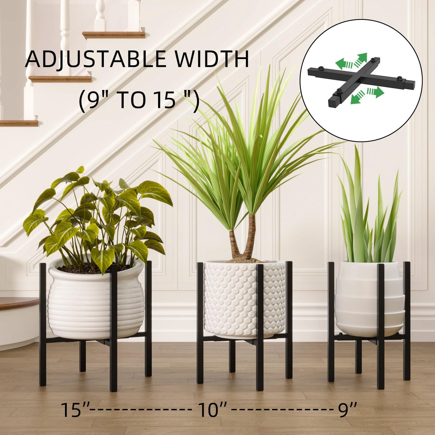 Rioneta Adjustable Plant Stand Indoor Outdoor, Metal Plant Stand 9 to 15 Inches, Mid Century Modern Floor Flower Pots Stand, Plant Holder for Home Garden Decor Load Bearing 160 LB Black