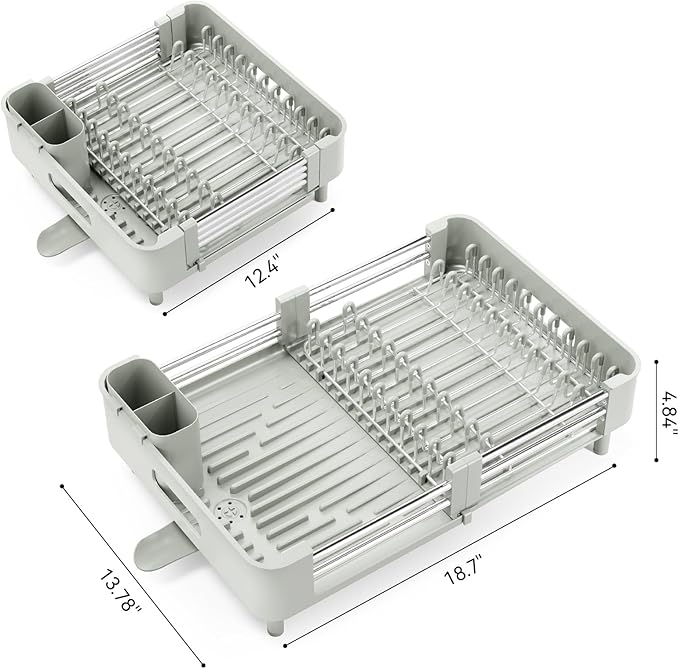 Urackify Extendable Dish Drying Rack, Dual Part Dish Drainers with Non-Scratch and Movable Cutlery Drainer and Drainage Spout, Adjustable Dish Rack for Kitchen, Gray & White