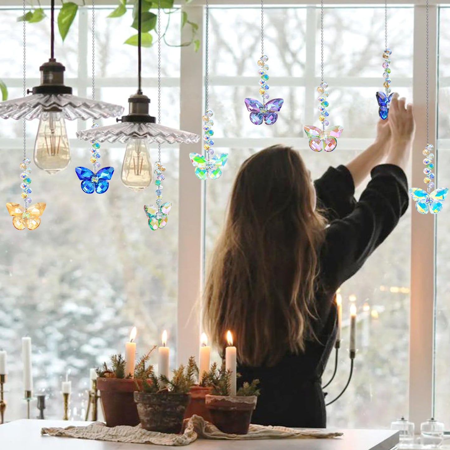 LUMITI 6pcs Crystal Butterfly Suncatchers Hanging Ornaments, Rainbow Maker Sun Catchers Indoor Window Outdoor Patio Garden Decor Gifts (Butterfly)