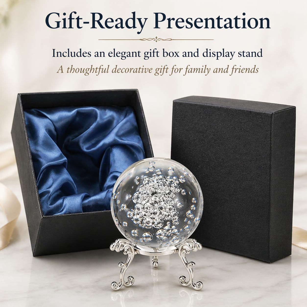 Crystal Ball Glass Globe Decor - Crystal Sphere with Stand & Gift Box, Clear Decorative Crystal Globe, 3D Crystal Ball for Home Decor Photography, Gazing Divination Fengshui Meditation, 2.3 inch/60mm