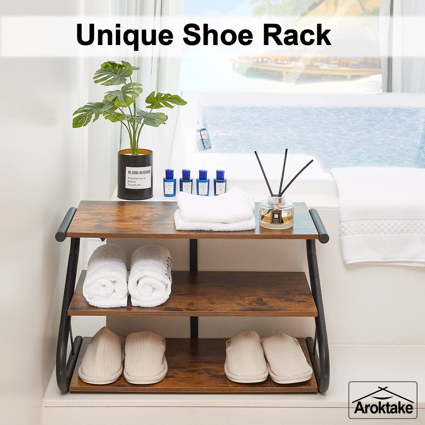 Aroktake 3-Tier Shoe Rack, Wooden Shoe Storage with S Shape Heavy Duty Metal Free Standing, Shoe Organizer Shelf for Entryway, Living Room, Closet, Bedroom (Rustic)