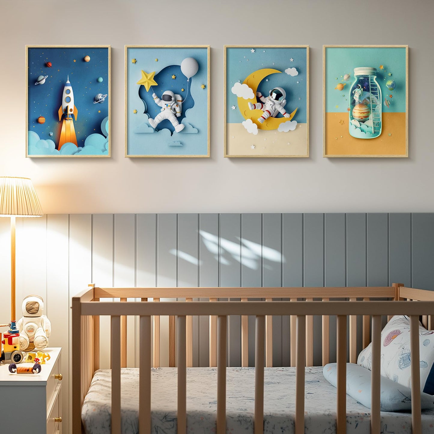 Framed Space Astronaut Cool Wall Art for Nursery Decor, 4 Piece Modern Space Themed Canvas Prints Artwork for Walls, Rocket Pictures for Bedroom, Kids Room, Baby Room, Boys Room, Bathroom Wall Decor