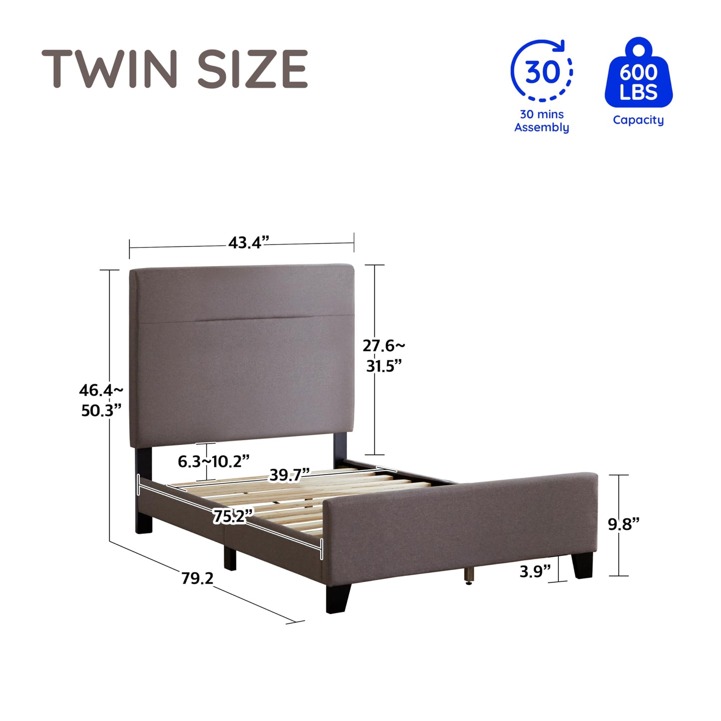 Livinia Amelia Twin Size Platform Bed, Fabric Upholstered Twin Bed Frame with Height Adjustable Headboard Footboard, Strong Wood Slats, No Box Spring Needed, Brown