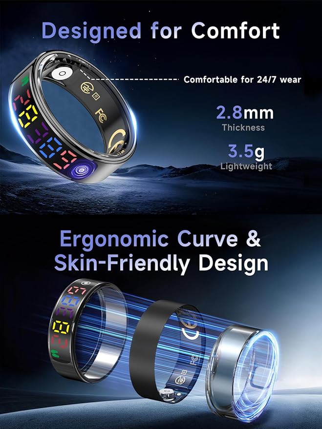 Smart Ring for Women Men, Health Ring with Colorful Display, Fitness Tracker with Heart Rate, Blood Oxygen, Sleep Monitor, No Subscription Fee, 5ATM Waterproof for iPhone & Android (Rose Gold, 9)