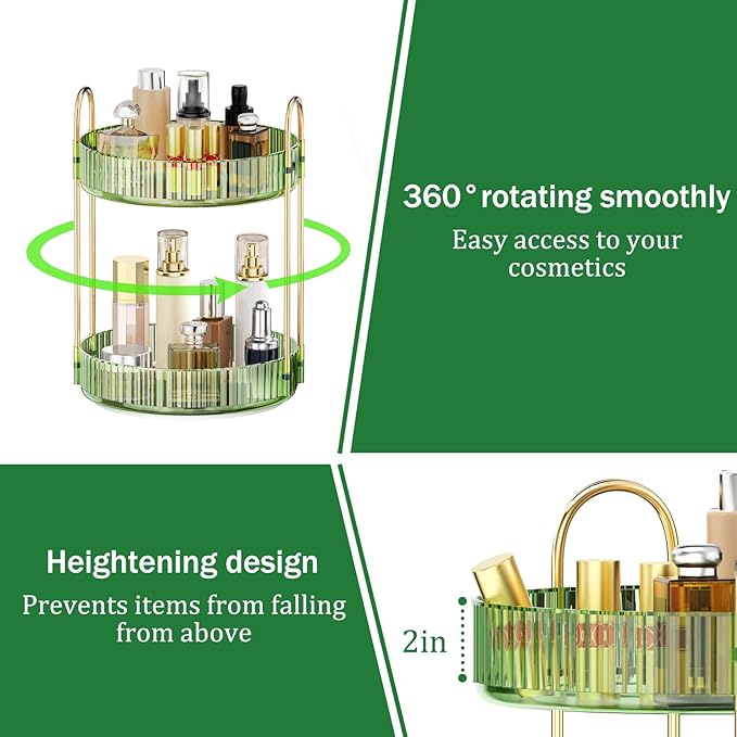MOKANI 360 Rotating Makeup Organizer for Vanity, 2 Tier Adjustable Perfume Organizer for Dresser, Multi-Function Spinning Cosmetics Skincare Storage for Bedroom, Dresser, Countertop, Green