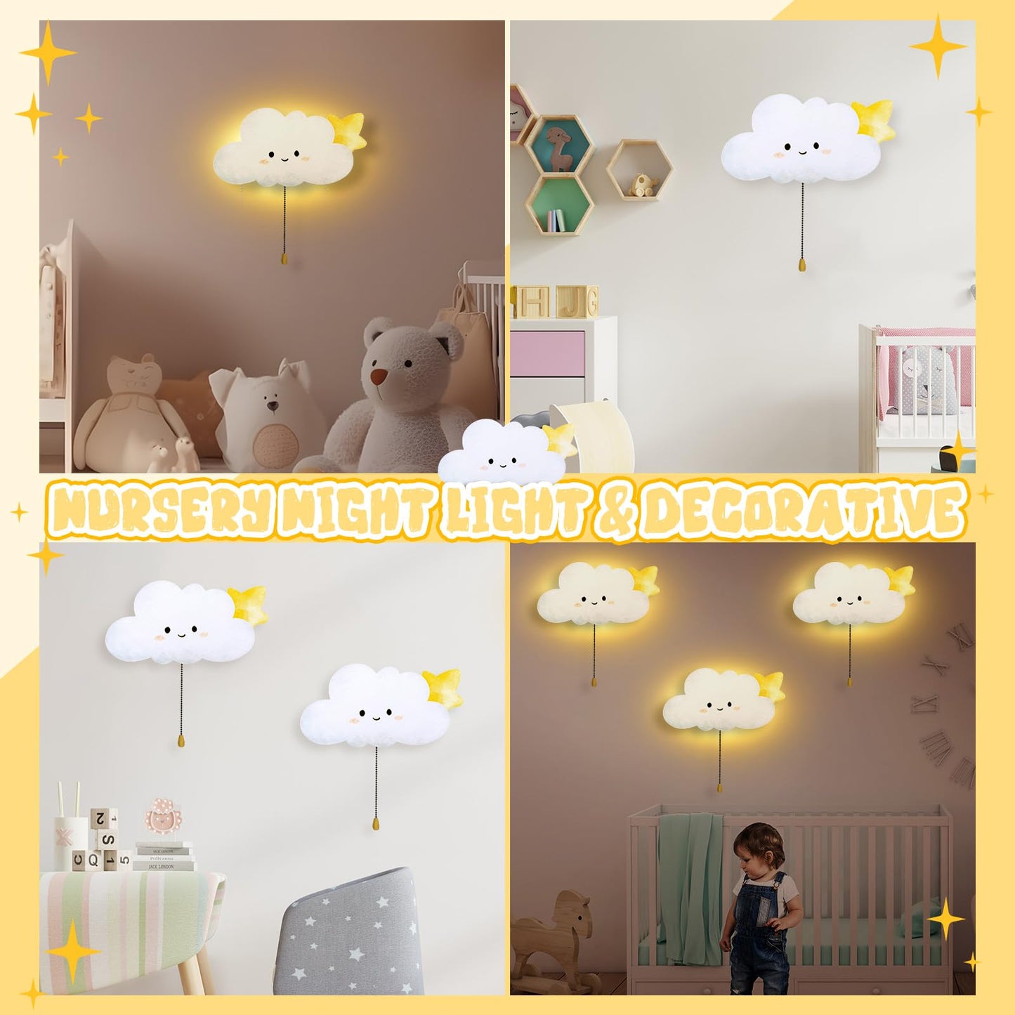 Aurelema Cloud Night Light Wall Lamp Sleeping Nursery Lighting Cute Floating Battery Operated Hanging Lamp for Baby Boys Girls Bedroom Room Nursery Wall Decorations