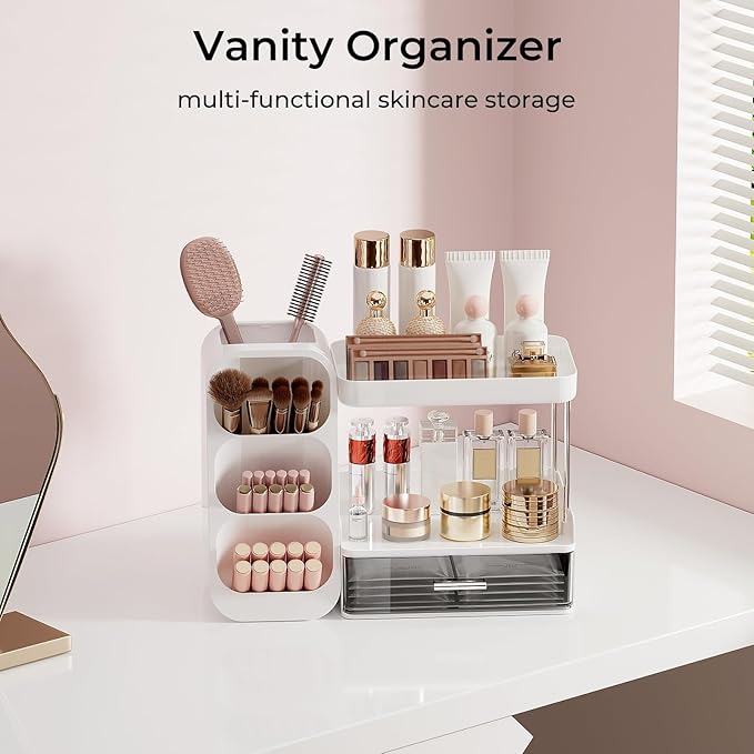 UFORU Makeup Organizer for Vanity with Brush Holder, 2 Tiers Countertop Skincare, Cologne Organizer and Perfume Stand for Bathroom Vanity, Large Capacity Makeup Storage, White