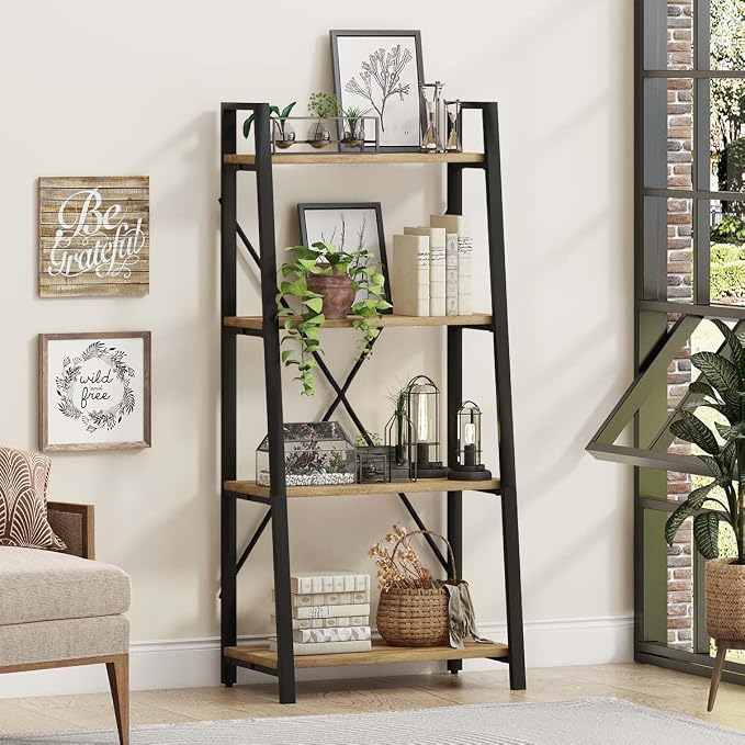 BON AUGURE Farmhouse Ladder Shelf Bookcase, 4 Tier Rustic Ladder Bookshelf, Standing Leaning Book Shelves for Living Room (Vintage Oak)