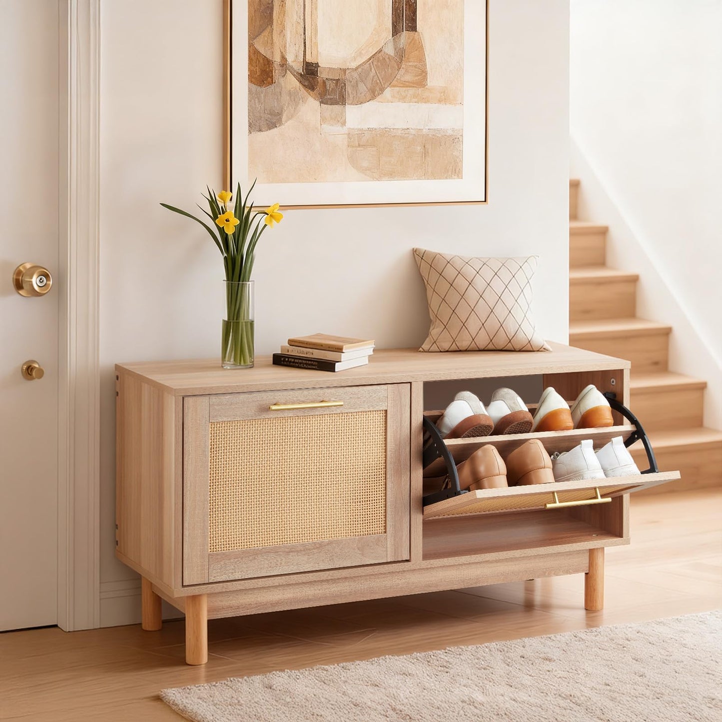 VEVOR Rattan Shoe Storage Bench, Entryway Bench with 2 Flip Drawers, Holds up to 300 lbs with 4 Compartments and 2 Rattan Doors, 39.4 x 11.8 x 20.9 Inches for Hallway, Living Room, Bedroom