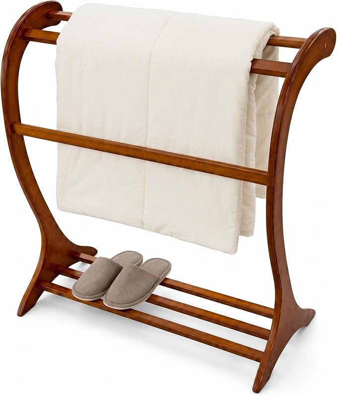 Leinuosen Wood Quilt Rack with 3 Rungs, Free Standing Blanket Holder for Living Room Bedroom Bathroom, 16.69" D x 30" W x 36" H, Retro Curved Ladder Design, Solid Wood, Antique Walnut Finish