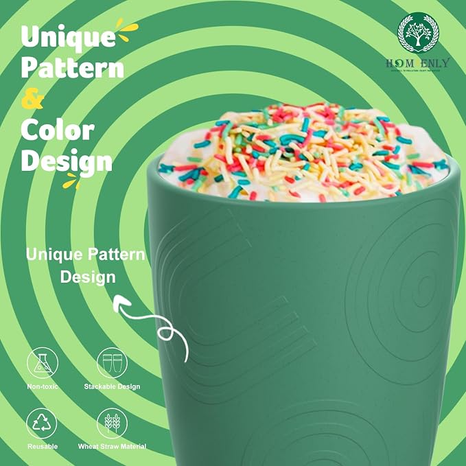 Homienly Plastic Cups Reusable 8 PCS Wheat Straw Cups a Good Alternative Drinking Plastic Glasses Cup Unbreakable Reusable Dishwasher Safe Microwave Safe Cup with Green Color (12 OZ)