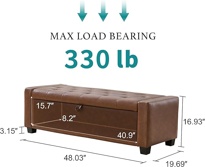 Huatean Home 48" Ottoman with Storage, Storage Ottoman Bench with Safety Hinge, Upholstered Entryway Bench with Seating for Bedroom, Living Room, Holds up to 330 lb, Brown
