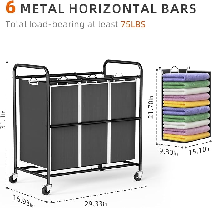 ROMOON Laundry Sorter Hamper 3 Section, Divided Laundry Basket Organizer with Heavy Duty Lockable Wheels and Removable Bags, Rolling Clothes Hamper for Apartment, Dorm & Family (135L Modern Black)