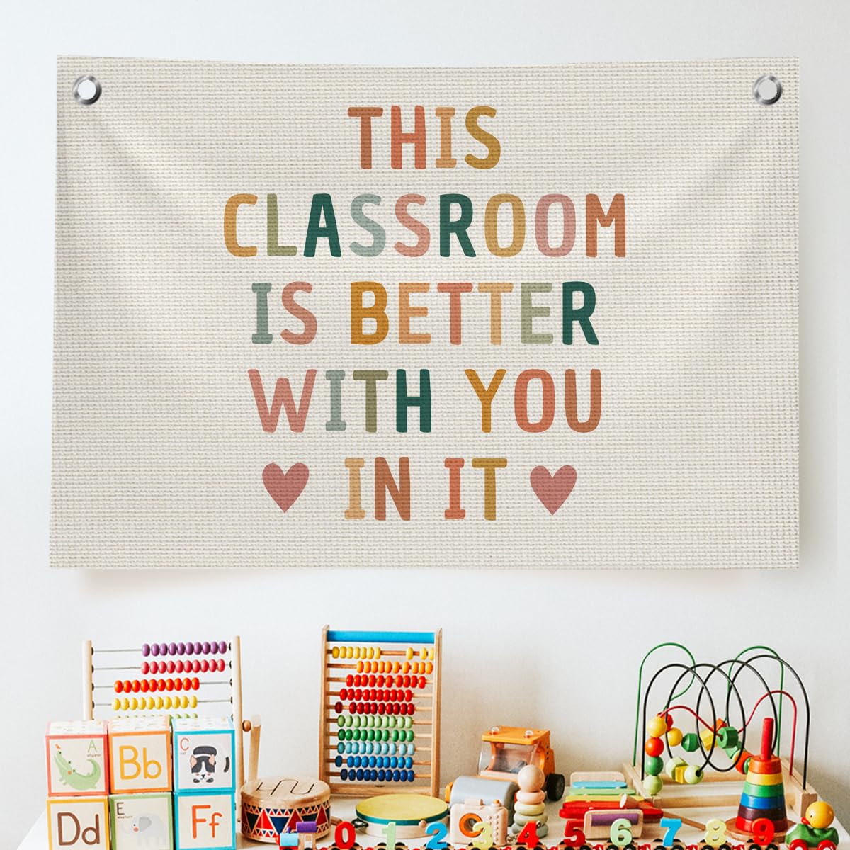 QROZIAR Boho Classroom Decor for Teacher, Cute Neutral Classroom Must Haves Wall Decor, Welcome Sign Canvas Banner Wall Hanging Banner Flag, Back To School Wall Flags for Nursery Classroom Teacher, This Classroom Is Better With You In It 30x20 inchs