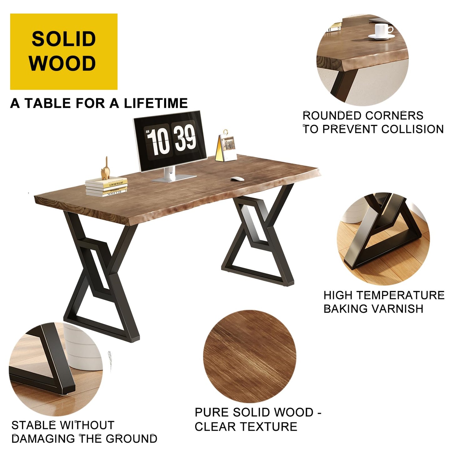 QZYJKJ 55inch Rustic Brown Solid Wood Computer Desk - Modern Gaming Workbench for Home Office, Modern Simple Design, Ideal for Study, Writing, Dining