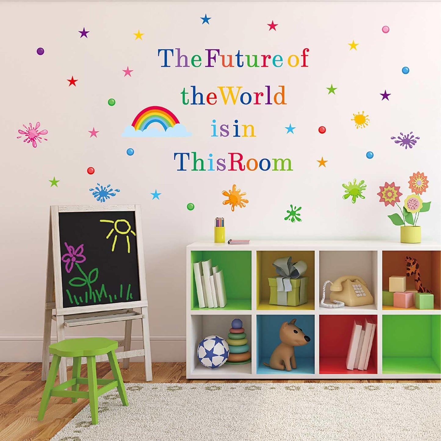 CharmFlo Inspirational Wall Decals for Kids Motivational Classroom Decor with Removable Quotes The Future of The World is in This Room Peel and Stick Wall Stickers Bedroom Nursery School Playroom