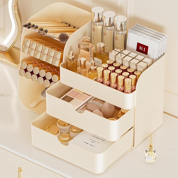 Makeup Organizer Countertop with 2 Drawers, Large Capacity Make Up Organizers for Vanity, Bathroom Organizers and Storage, Cosmetics Organizer Easy To Storage Brushes Eyeshadow Lipstick, Cream