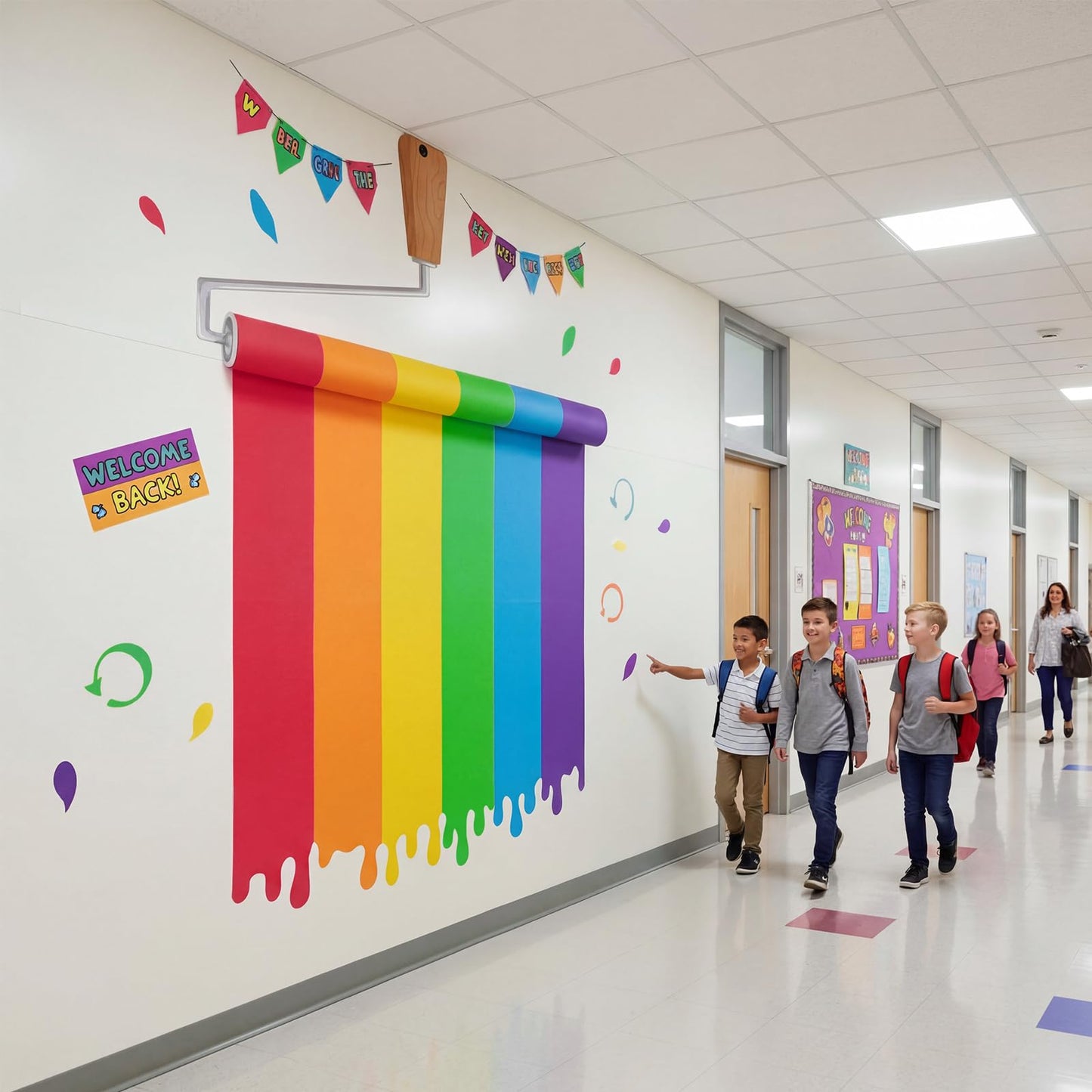 Eaasty 90 Inches 3D Art Painting Classroom Wall Decor Rainbow Paint Party Bulletin Board Decorations Set DIY Paint Brush Cutout Rainbow EVA Back to School Decoration for First Day of School Chalkboard