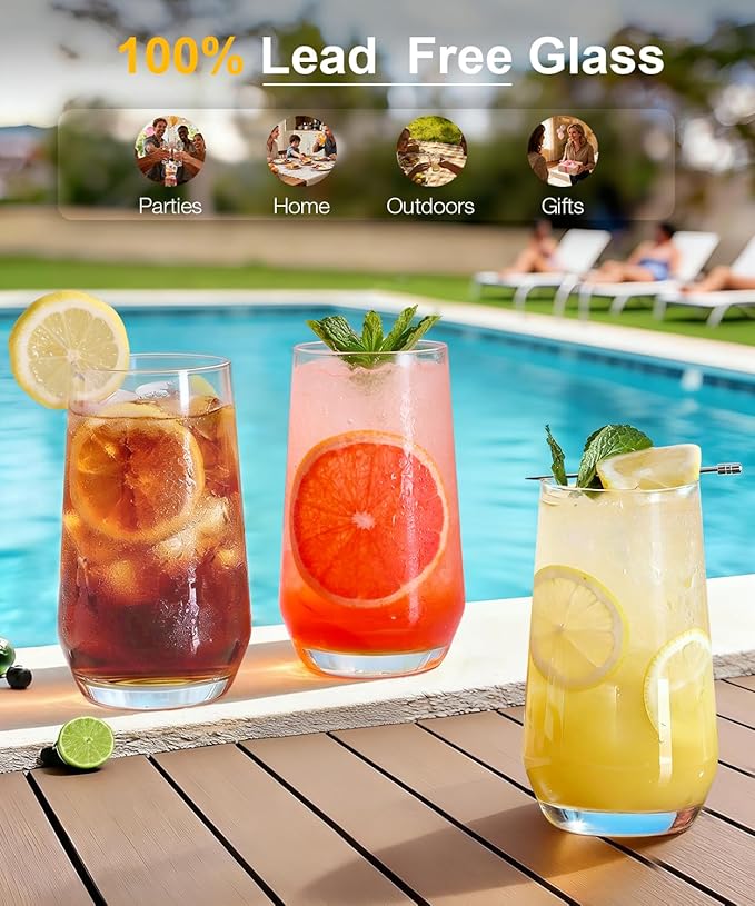 LUNA & MANTHA Drinking Water Glasses Set, Lead-Free Crystal Highball Glass, Tall Glass Cups for Cocktail Parties,Clear set of 8,16.2oz