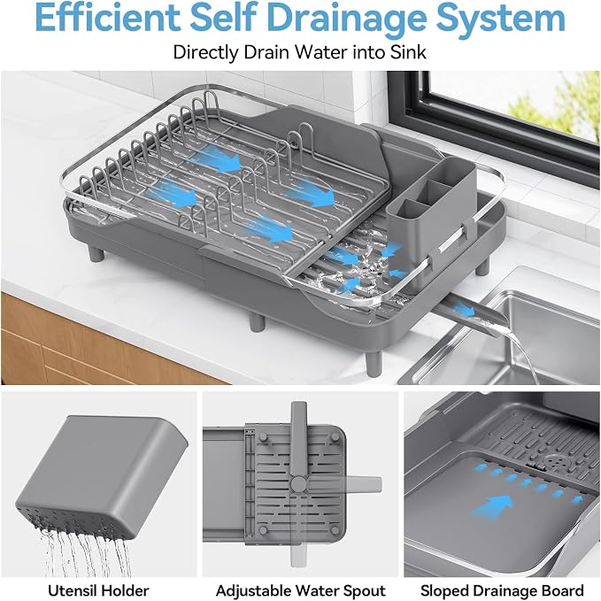 Urackify Dish Drying Rack for Kitchen Counter, Expandable Stainless Steel Dish Racks with Adjustable Water Spout, Space Saving Dish Drainer with Cutlery Holder,16.14"-23.62" L x 12.99" x 8.78",Grey