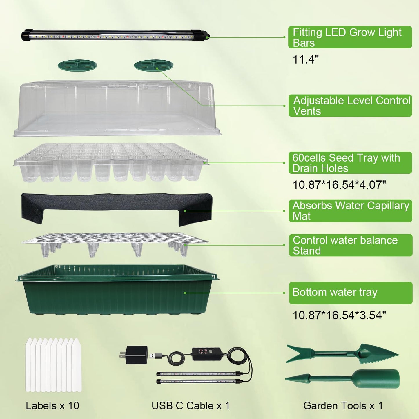 TONYFUL Seed Starter Tray with Grow Light, 60-Cell Seed Starter Kit with 4.07” Humidity Dome, Indoor Seedling Starter Tray, Seed Starting Tray for Plant Germination, Seeds Growing