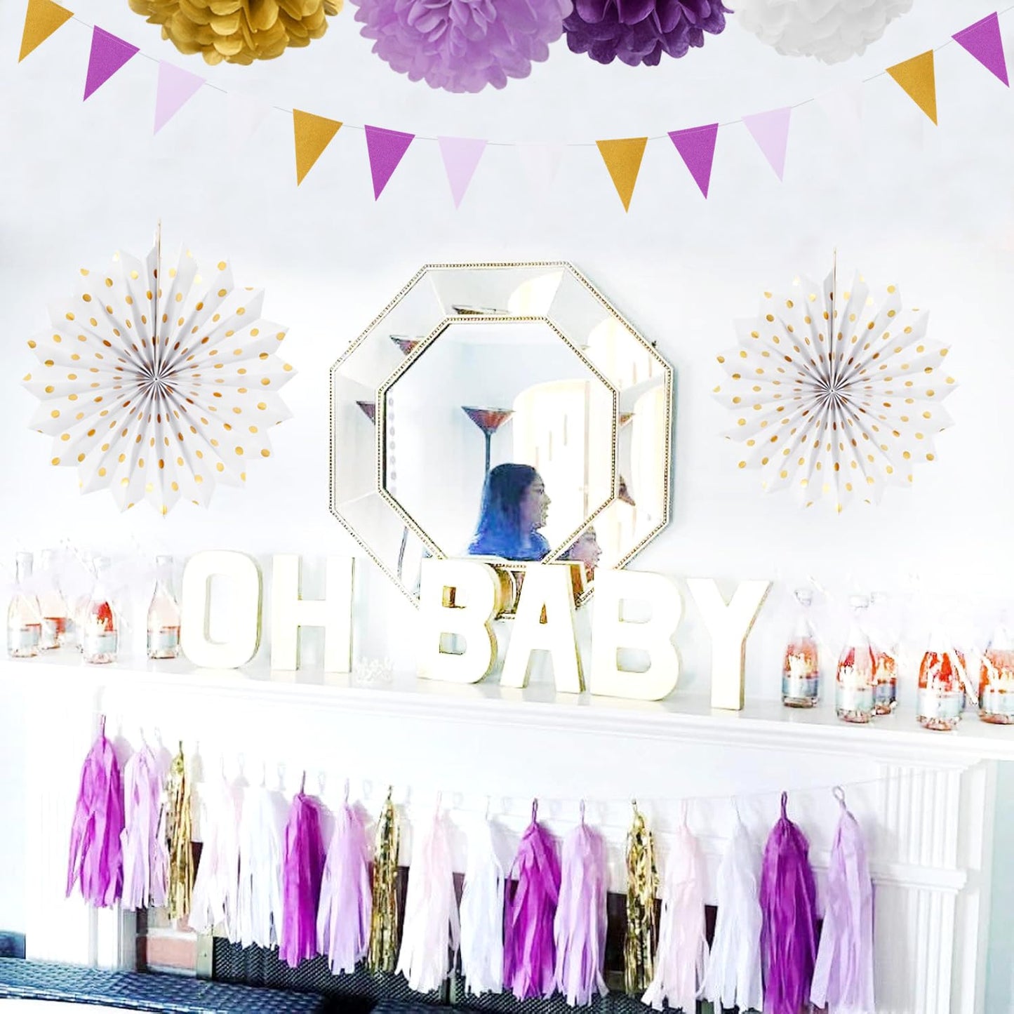 Purple-Lavender White Gold Party Decorations - 20pcs Graduation Birthday Paper Lanterns Fans,Tissue Pom Poms,Honeycomb Balls,Baby Shower Bridal Wedding Bachelorette Valentines Day Decor Burgleda