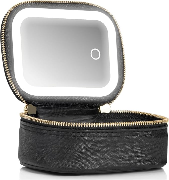 Mini Makeup Bag with Led Mirror, Small Travel Make up Bag 3 Light Modes Adjustable Brightness, for Women Organizer Cosmetic Bag, Portable Travel Train Toiletry Bag, for Pool Parties Work Touch-Ups