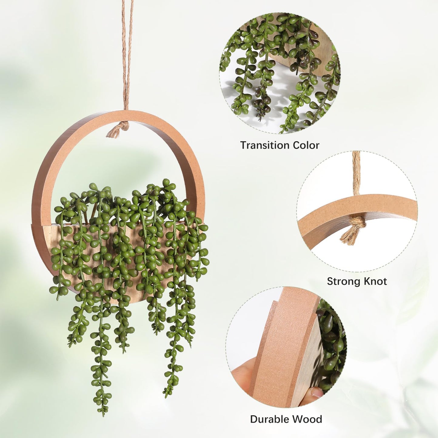 JUSTOYOU 2pcs Fake Hanging Plants Artificial Succulents Wooden Hanging Planter Artificial String of Pearls with Pot and Lanyard for Living Room Bathroom Indoor Outdoor Boho Wall Decor