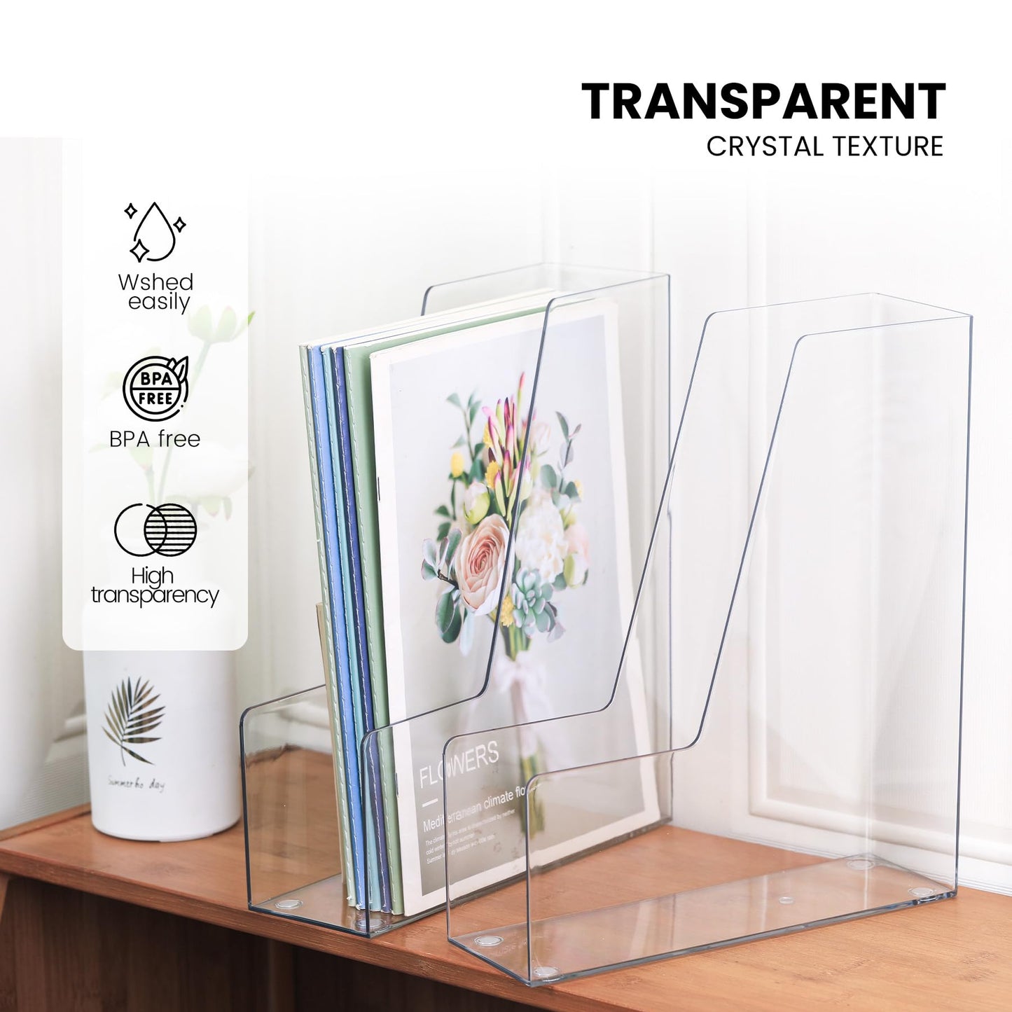 Vertical Magazine File Holder, Clear File Organizer Desk Organizer and Storage Bins Holding for Magazines, Binders, Notebooks, Envelopes, Plastic Office Organization and Storage for Desk, 4 pack