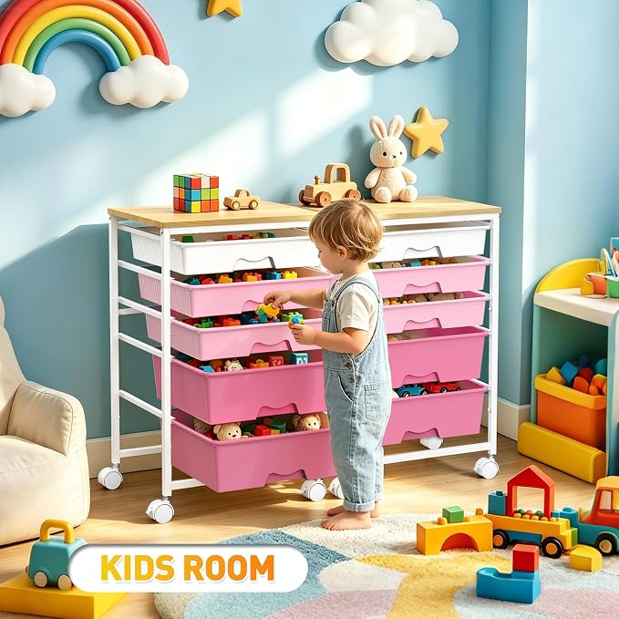 SUNALLY Rolling Storage Utility Cart With 5 Drawers, 5 Tier Rolling Cart with Wooden Tabletop and 2 Lockable Wheels, Storage Drawer Cart for Craft Art Supply Storage & Home Office Organization, Pink