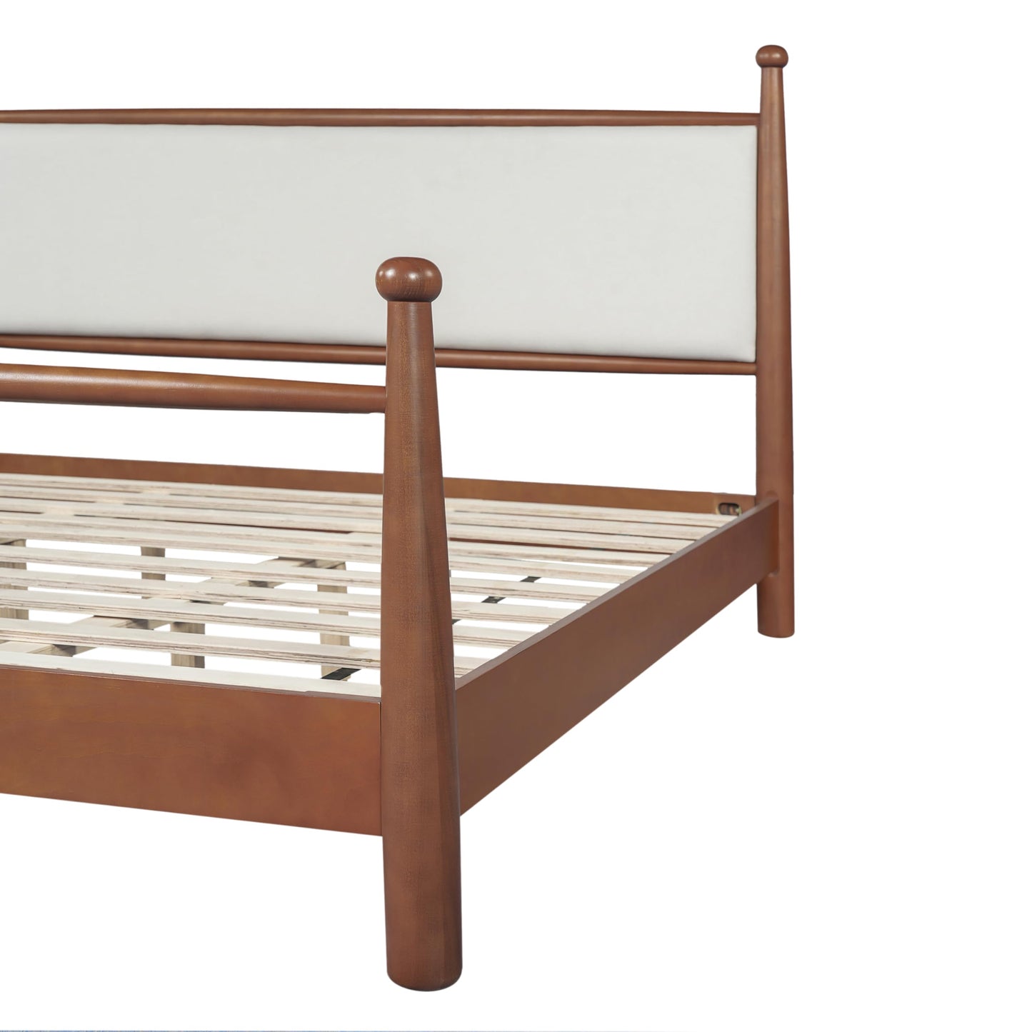 Merax Modern Queen Size Solid Wood Platform Bed with Upholstered Headboard, Mid-Century Low Bed Frame with Sturdy Wood Legs/No Box Spring Needed/Easy Assembly, Beige+Walnut