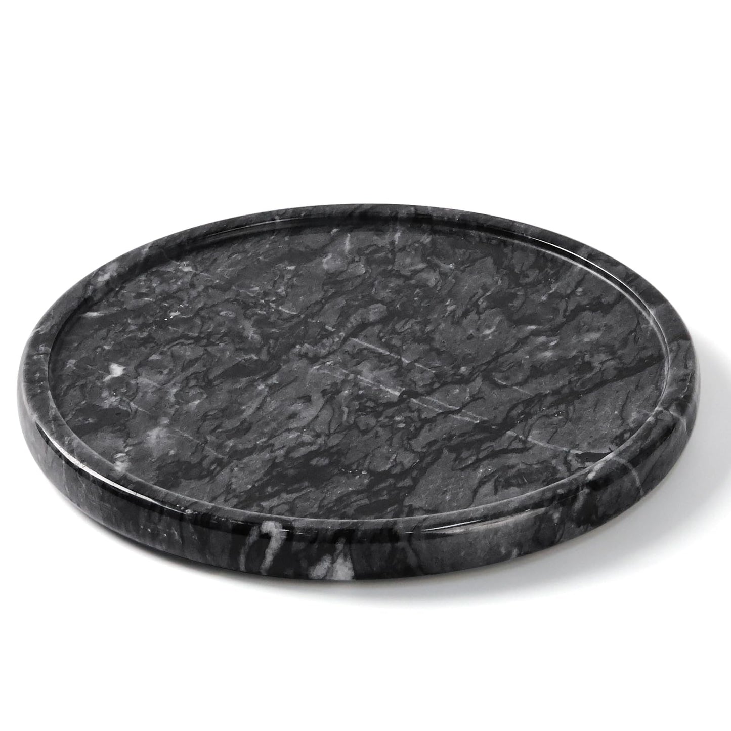 Woduelka Natural Round Marble Tray - 7.8" Marble Vanity Tray for Dresser, Bathroom, Decorative Jewelry Dish for Perfumes Rings Earrings Necklaces, Stone Tray for Home Décor, Black