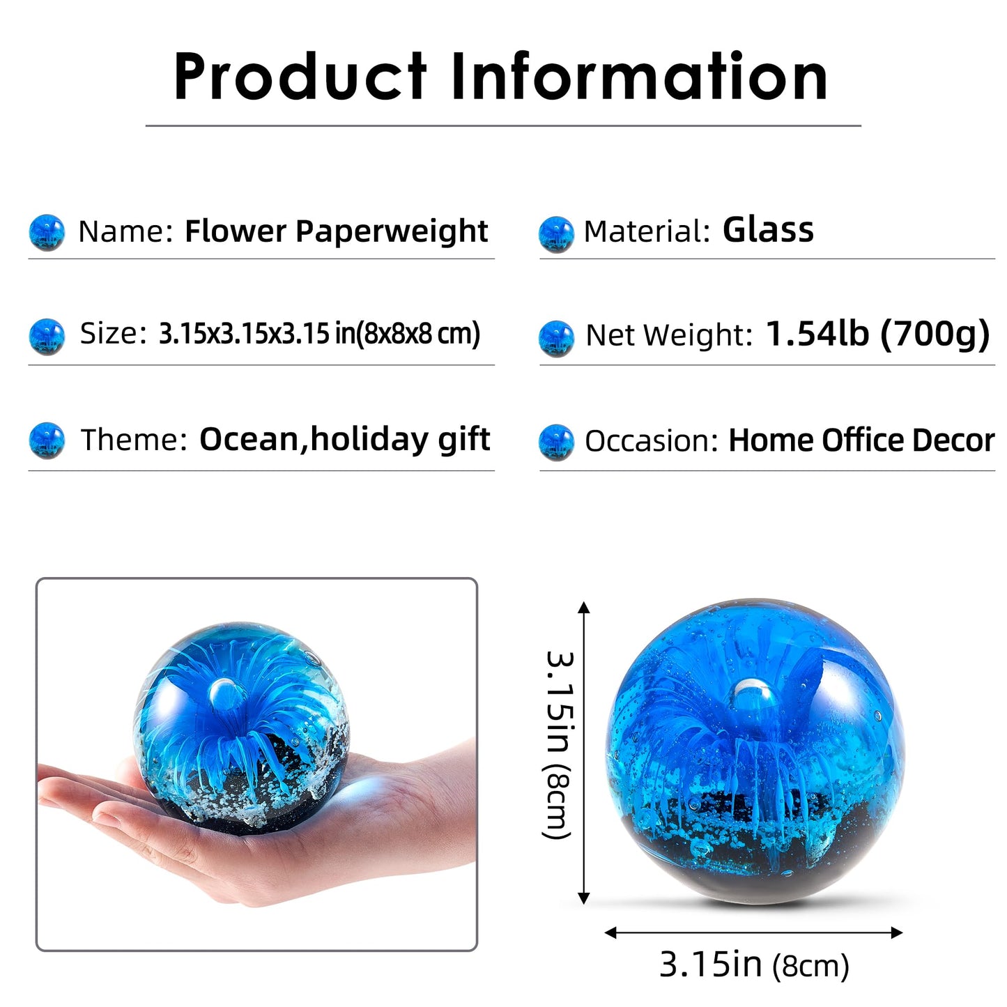 EUSTUMA Blue Hand Blown Glass Anemones Sculpture, 3.15x3.15x3.15 inches, 1.52 lbs, Paperweight, Fish Tank Ornament, Figurine Gift Box, Home Decoration