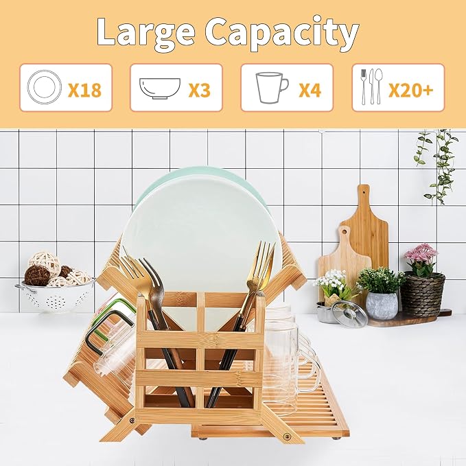 YZHDUXIU Bamboo Dish Drying Rack with Utensil Holder, 3 Tier Collapsible Dish Rack, Large Dish Racks for Kitchen Counter, Wooden Folding Dish Drainer with Dish Drying Mat (3 Tier (with Drying Mat))