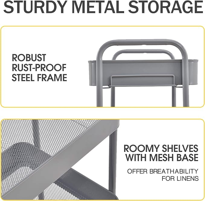 TOOLF 3-Tier Rolling Cart - Metal Utility Storage Organizer with Lockable Wheels, 33 lbs Per Shelf, Tool-Free 5-Min Assembly, for Kitchen Bathroom Office Nursery Craft Room, Grey