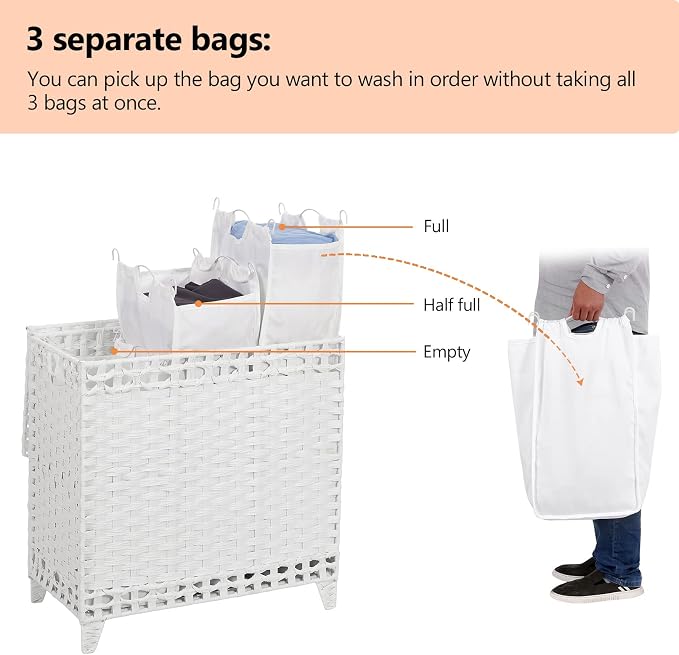 Laundry Hamper with 3 Removable Liner Bags; 132L Handwoven Rattan Laundry Basket with Lid & Heightened Feet; Clothes Hamper with Side Handles; Laundry Sorter with 3 Separate Sections