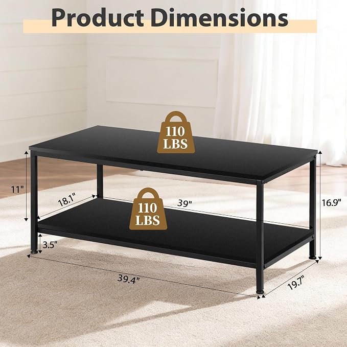 SUPER DEAL 2-Tier Coffee Table with Storage Shelf for Small Apartment Living Room, Rectangle Wood and Stable Metal TV Stand Side End Table, Black