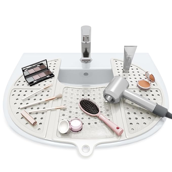 Sink Topper Bathroom Counter Cover & Storage Saver, Foldable Silicone Mat for Hot Tools, Hair Styling & Makeup, Beauty Brush Cleaning Mat, RV Camper Sink Cover & for Small Spaces (Standard Pearl)