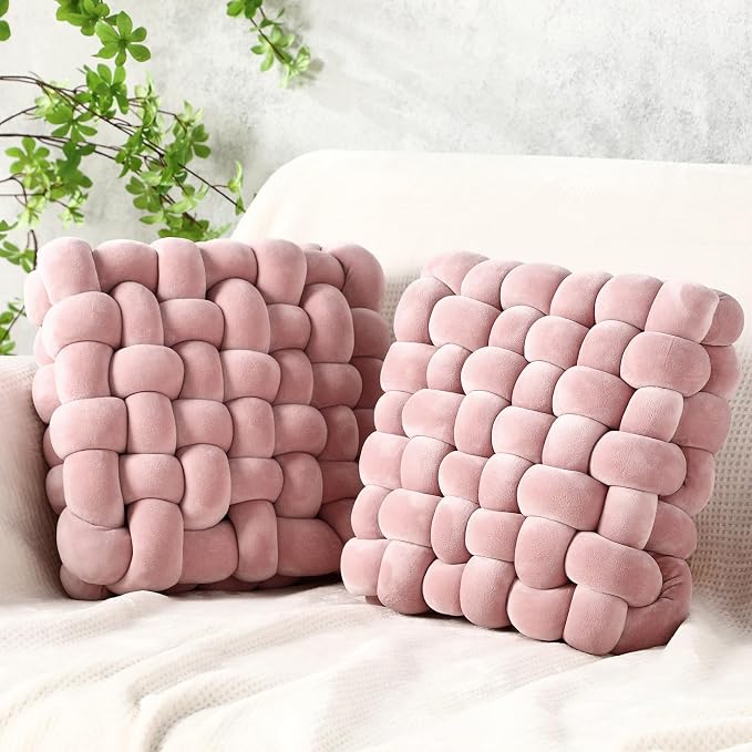 Wenqik 2 Pcs Knot Pillows Square Knotted Plush Throws Soft Accent Pillows Decoration Cushion for Couch Home Office Living Room Bedroom Bed Sofa Decor, 12'' x 13''(Haze Pink,Crystal Velvet)