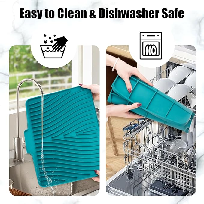 TIKNIK Silicone Dish Drying Mat for Kitchen Counter - Heat Resistant & Non-Slip Dish Drain Pad with Built-In Drain, Dishwasher Safe, Quick-Dry, Hangable & Roll-Up for Storage, Green-1pcs, 16" x 12"