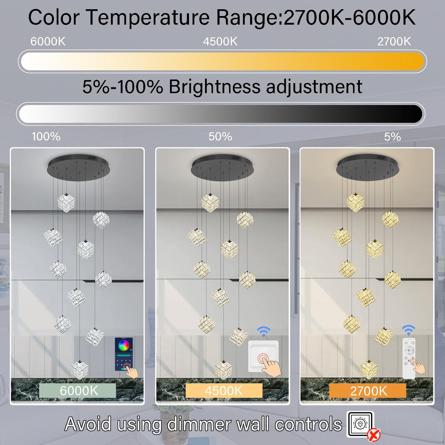 Shial Lighting 10-Lights LED Staircase Chandelier Modern Foyer Chandeliers Large Chandelier for High Ceilings,Crystal Pendant Light for Living Room Stairwell Dining Room Entryway