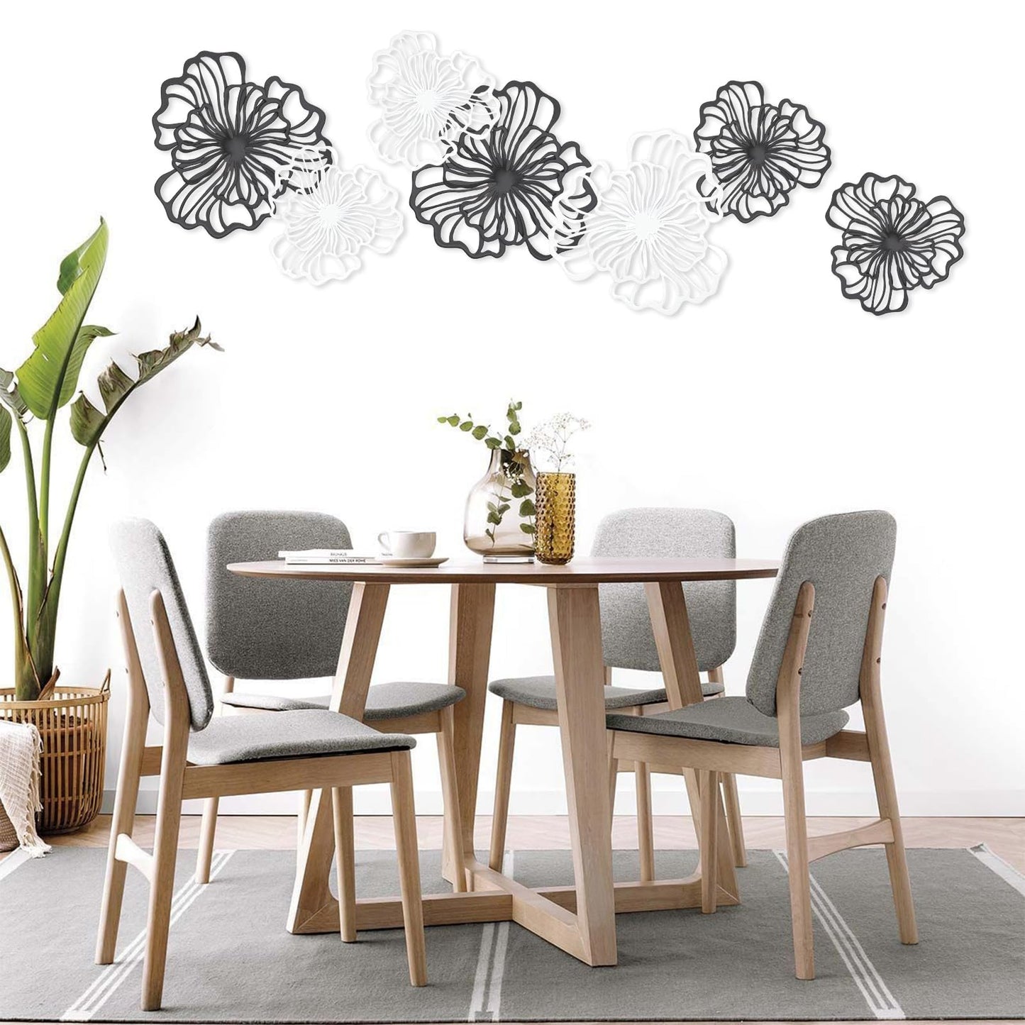 7 Piece Metal Wall Decor for Living Room, Boho Double Layered Iron Flower Wall Hanging Art, Aesthetic Indoor Metal Wall Sculpture Decor for Bedroom Kitchen Bathroom Farmhouse Home Office, Black-White