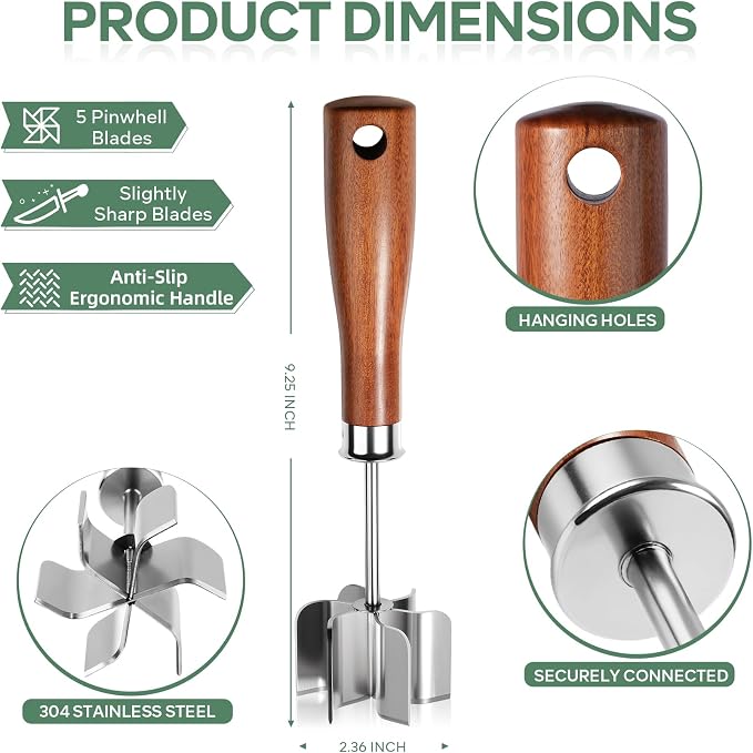 Stainless Steel Meat Chopper & Masher - Heavy Duty 6 Curve Blades Ground Beef Chopper Tool with Wooden Handle, Heat Resistant Meat Masher, Hamburger Smasher & Multi-Use Kitchen Tool