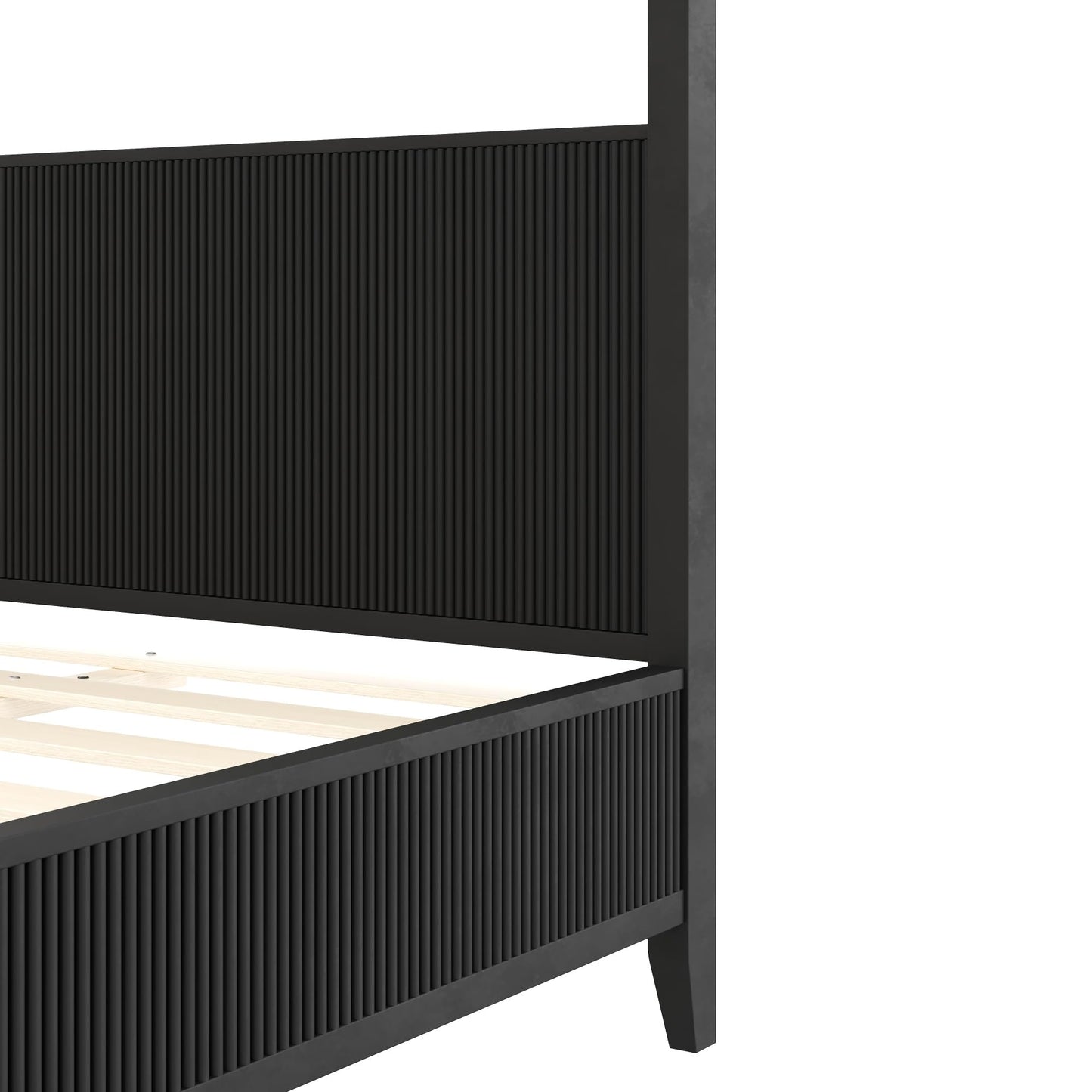 Merax Modern Luxury Queen Size Wooden Canopy Bed Frame with Headboard, Slats Support, Wood 4 Poster Bed Frame, No Box Spring Needed, Contemporary Bedroom Furniture, Black