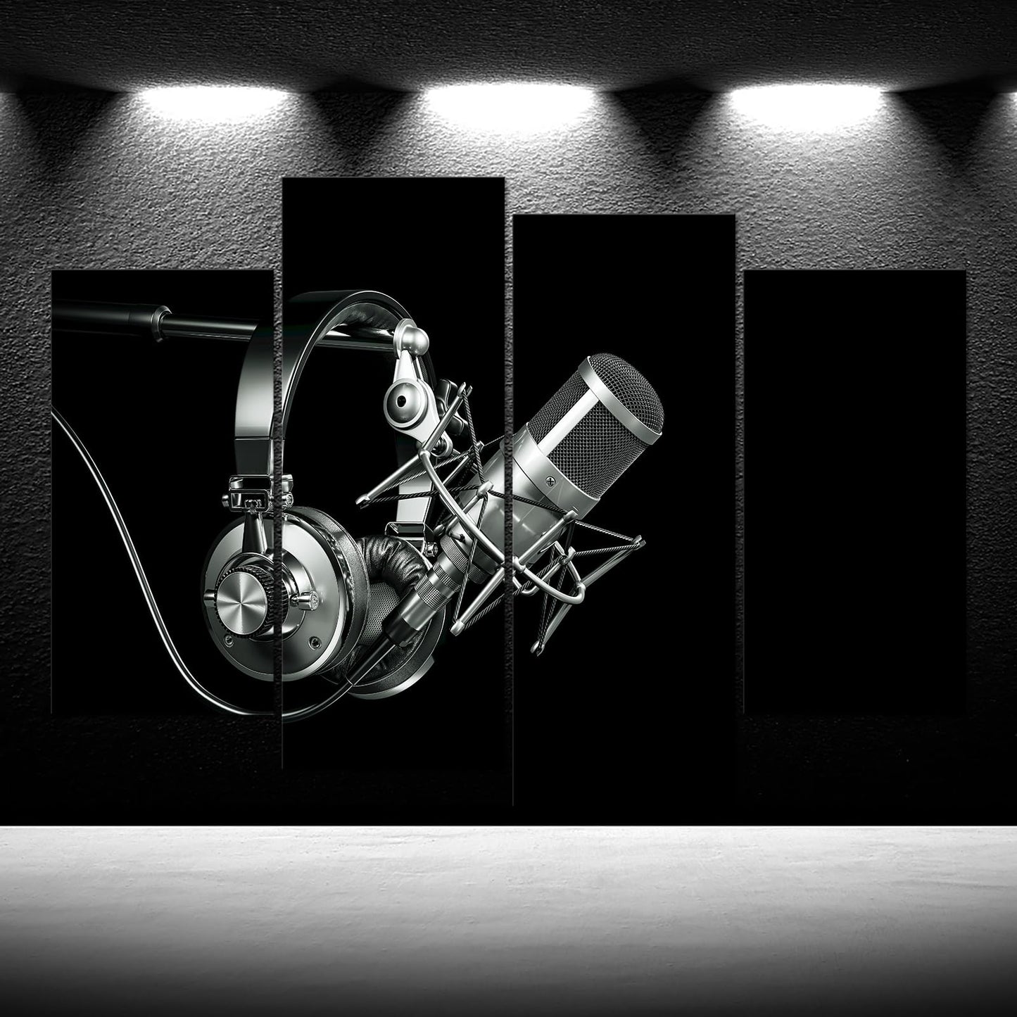 iKNOW FOTO 4pcs Black and White Headphones on Microphone Stand Canvas Print Wall Art Audio Recording Studio Equipment Pictures Musical Painting Contemporary Music Room Decorations 48x33