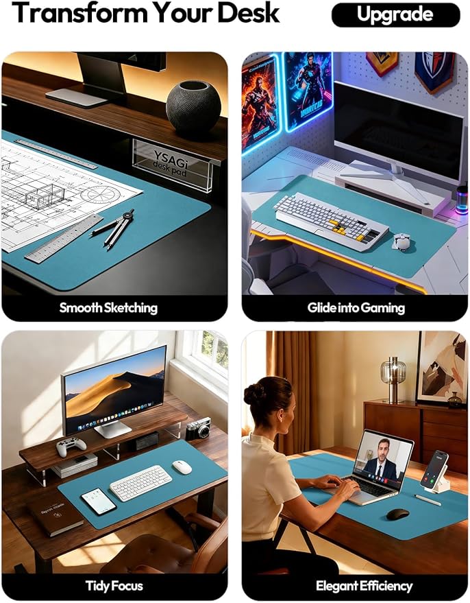 YSAGi Leather Desk Pad Protector, Office Desk Mat, Large Mouse Pad, Non-Slip PU Leather Desk Blotter, Laptop Desk Pad, Waterproof Desk Writing Pad for Office and Home (Turquoise,47" x 17")