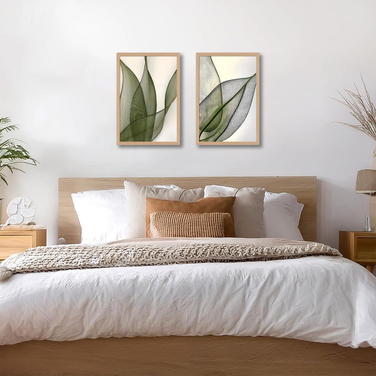 Green Leaf Wall Art Set of 2 with Wooden Frame – Minimalist Botanical Plant Prints, Modern Boho Tropical Leaves Painting, Framed Picture Wall Decor 12x16 Inch