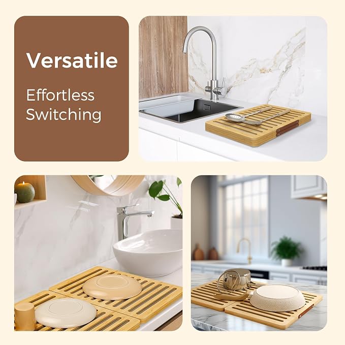 Wealone Stone Dish Drying Mat for Kitchen Counter, Fast Drying Diatomaceous Earth Stone Mat, Bamboo Foldable Case Design Pad Dish Rack, Water Absorbing Instant Dry Sink Rack for Dishes, Cups and More